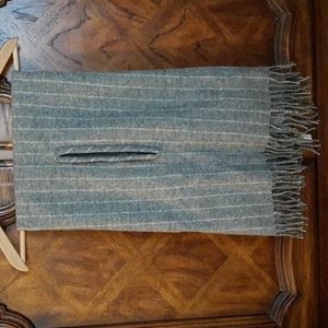 Madewell 100% Wool Cape Scarf Gray, White Chalk Stripes, Fringe, New with Tags